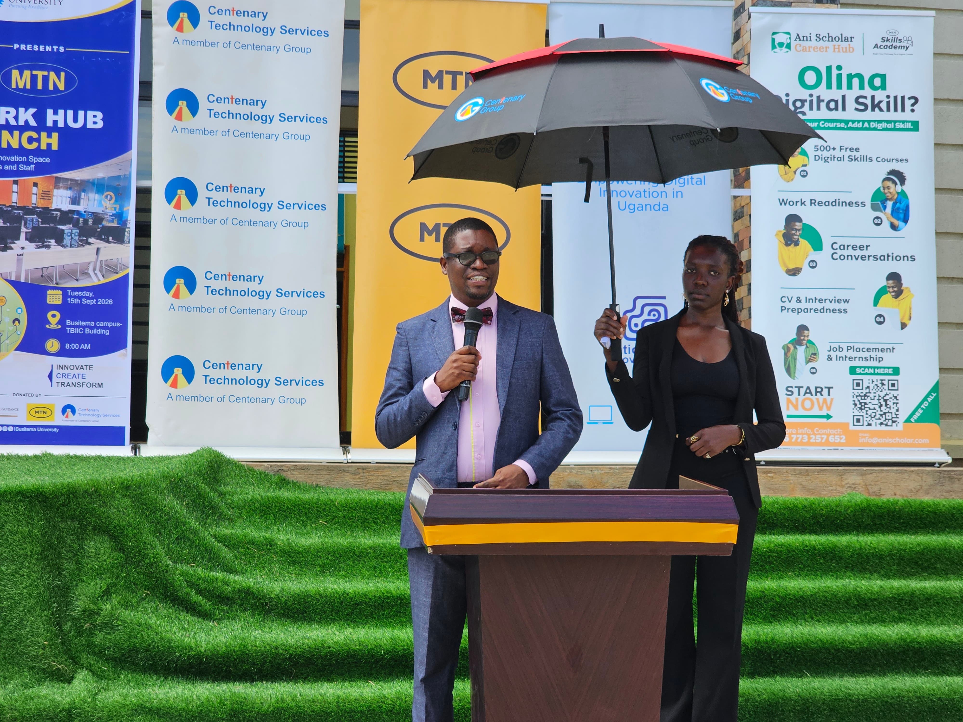 Prof. Samson Rwahwire, Director of Graduate Studies, Research and Innovation, delivers his remarks on behalf of Prof. Saphina Biira, Deputy Vice Chancellor for Academic Affairs and Research, during the official launch of the MTN Spark Hub at Busitema Campus on 15 September 2026.
