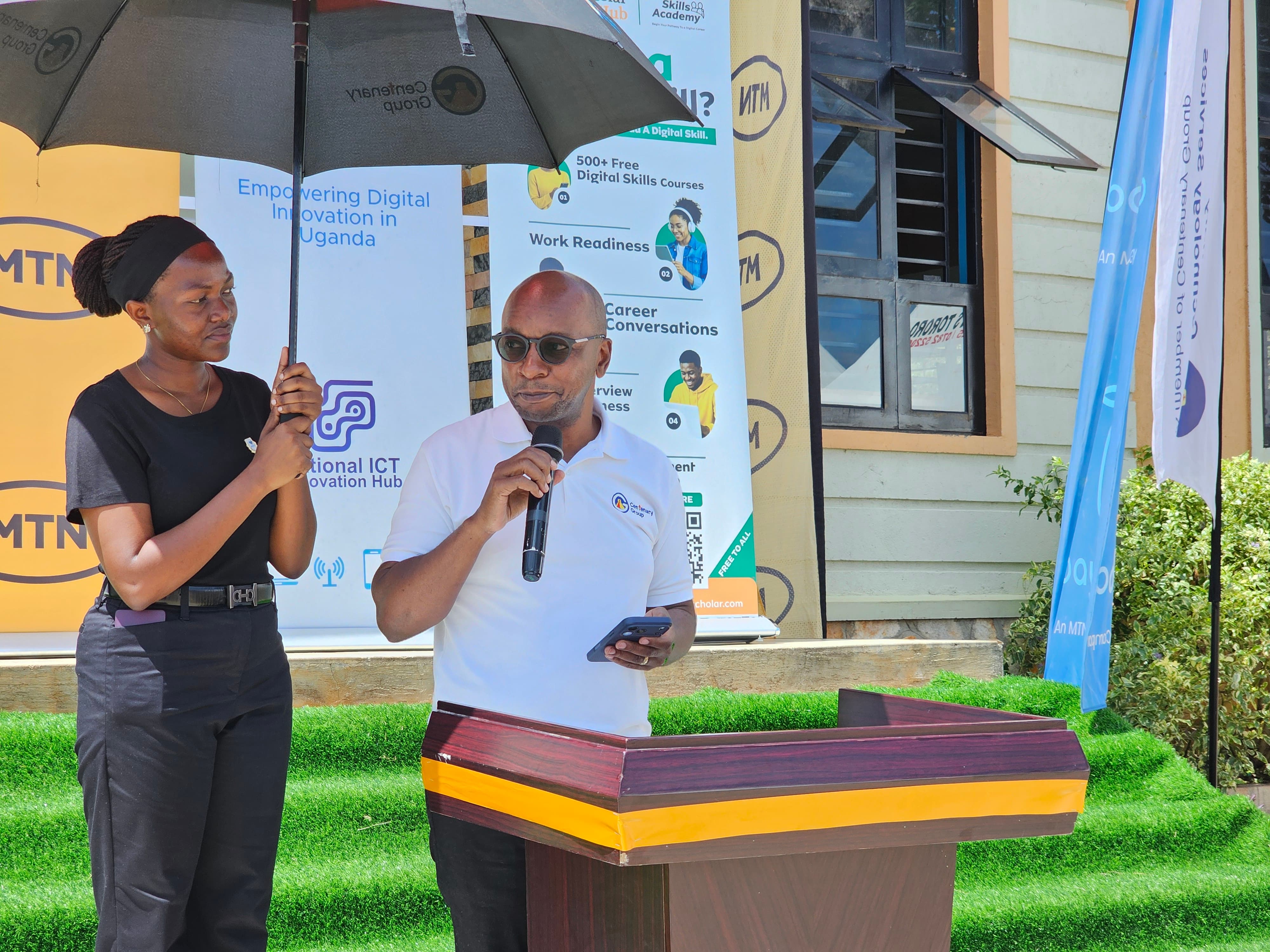 Peter Kahiigi, Chief Technology Officer at Cente-Tech, delivers his remarks during the official launch of the MTN Spark Hub at Busitema Campus on 15 September 2026, encouraging students across disciplines to make use of the opportunities available through the facility.