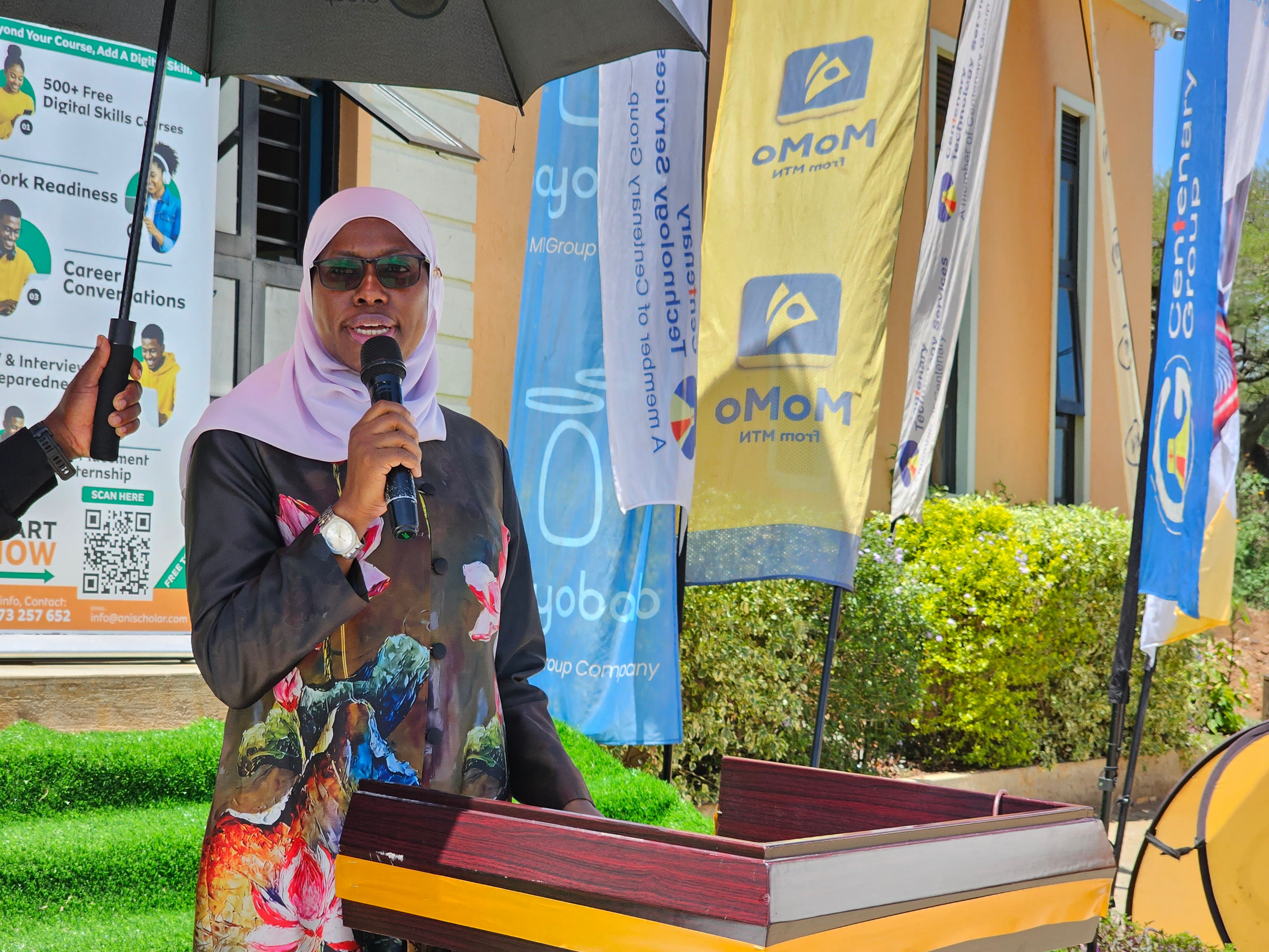 Guest of Honour Dr Amina Zawedde addresses participants during the launch of the MTN Spark Hub at Busitema Campus.
