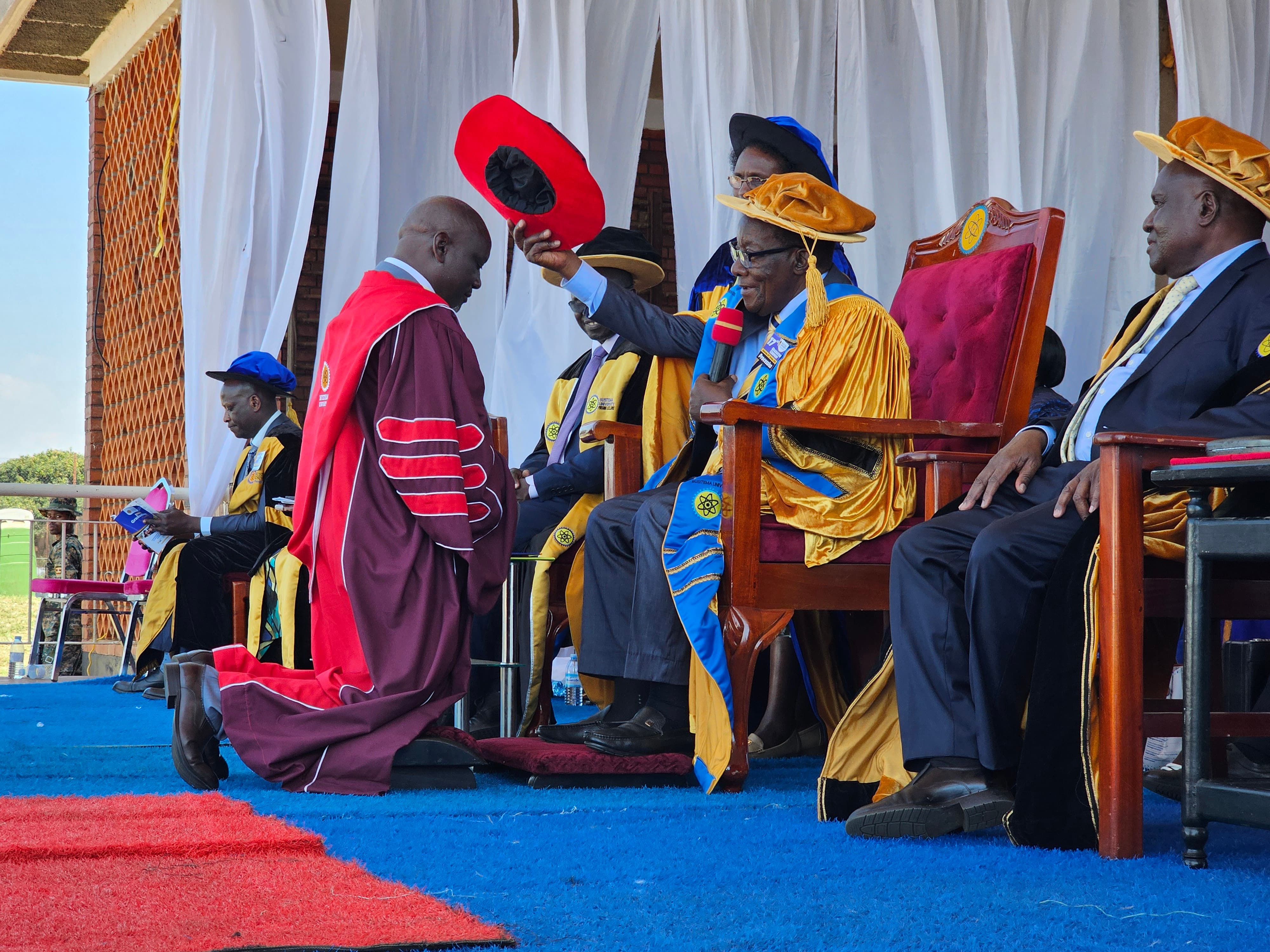 One of Busitema University’s three PhD graduands is formally presented to Chancellor Eng. Dr. Prof. Badru M. Kiggundu during the conferment of doctoral degrees at the University’s 17th Graduation Ceremony on 3 October 2026.