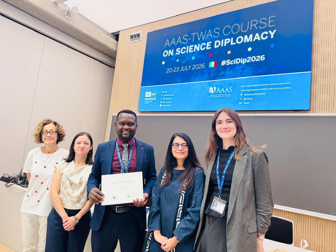 Dr. Samuel Baker Obakiro, receives his certificate upon completing the 2026 AAAS–TWAS Science Diplomacy Course in Trieste, Italy