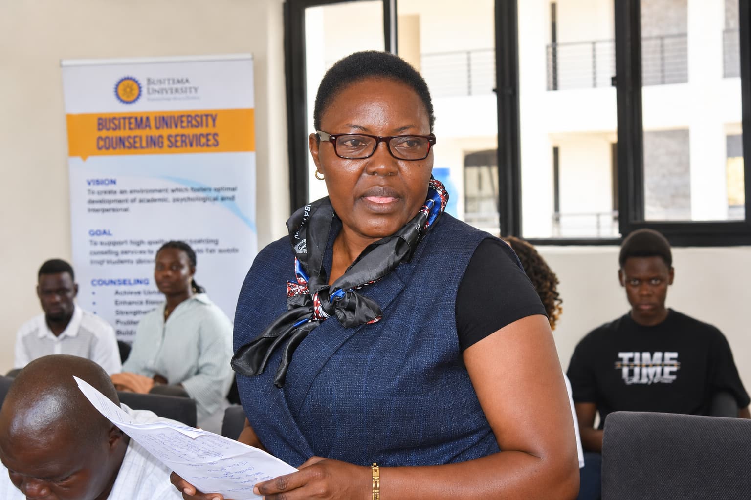 Ms. Harriet Nabirye, Principal Institutional Advancement Officer responsible for Internationalisation and Partnerships, addresses students during the third International Students’ Orientation at Namasagali Campus on 18 October 2026.