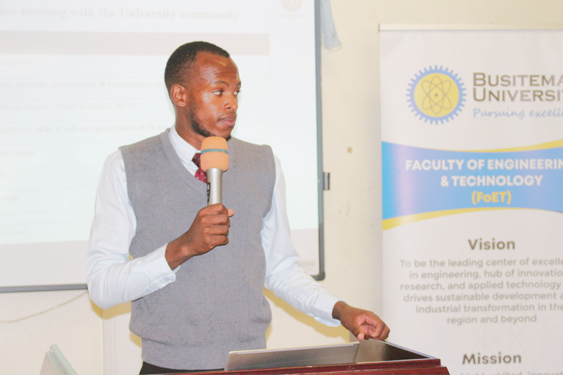 Kamara Onesmus addresses participants during the Ministry of Health's self-care and health awareness programme at Busitema University