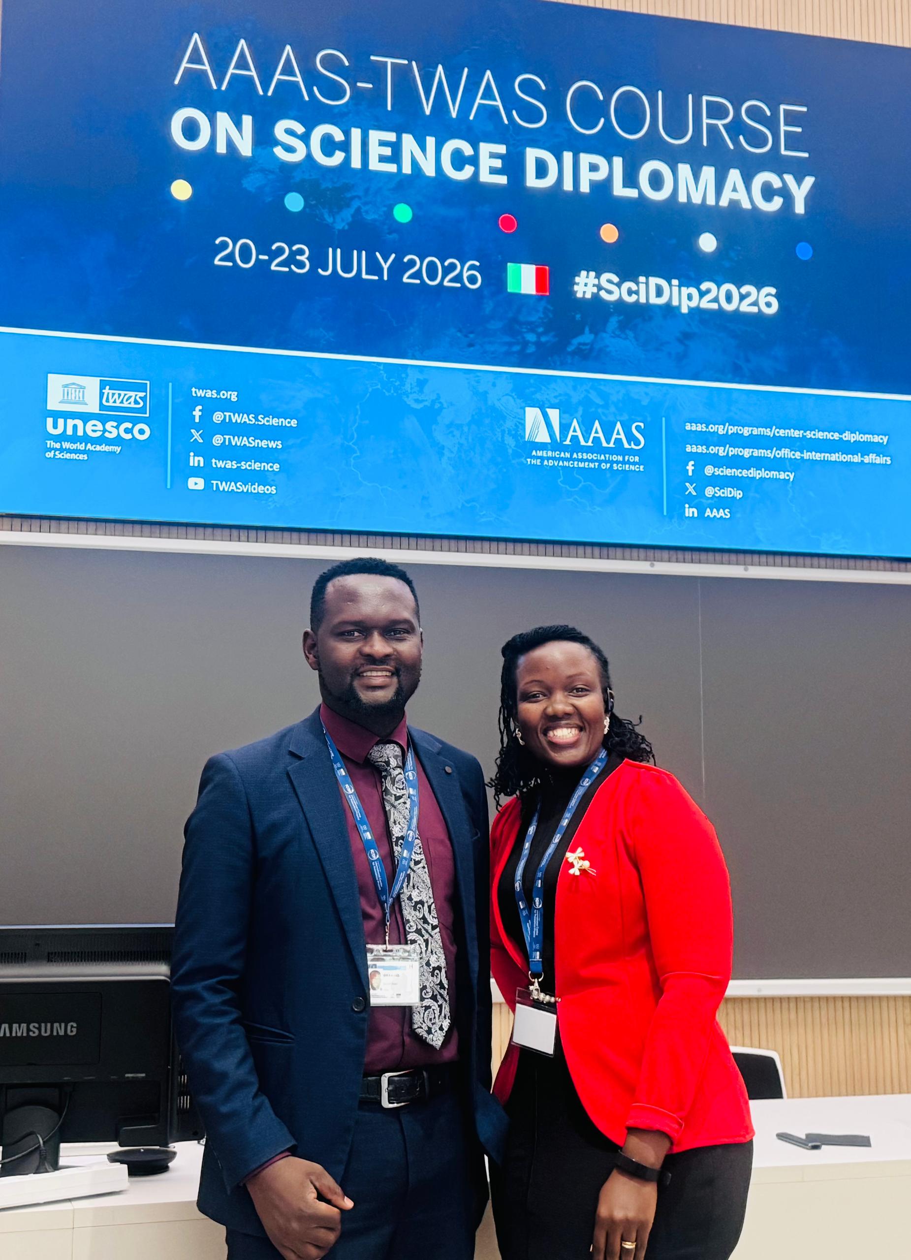 Dr. Samuel Baker Obakiro (left), and Ms. Brenda Nakazibwe (right), represented Uganda at the 2026 AAAS–TWAS Science Diplomacy Course held in Trieste, Italy