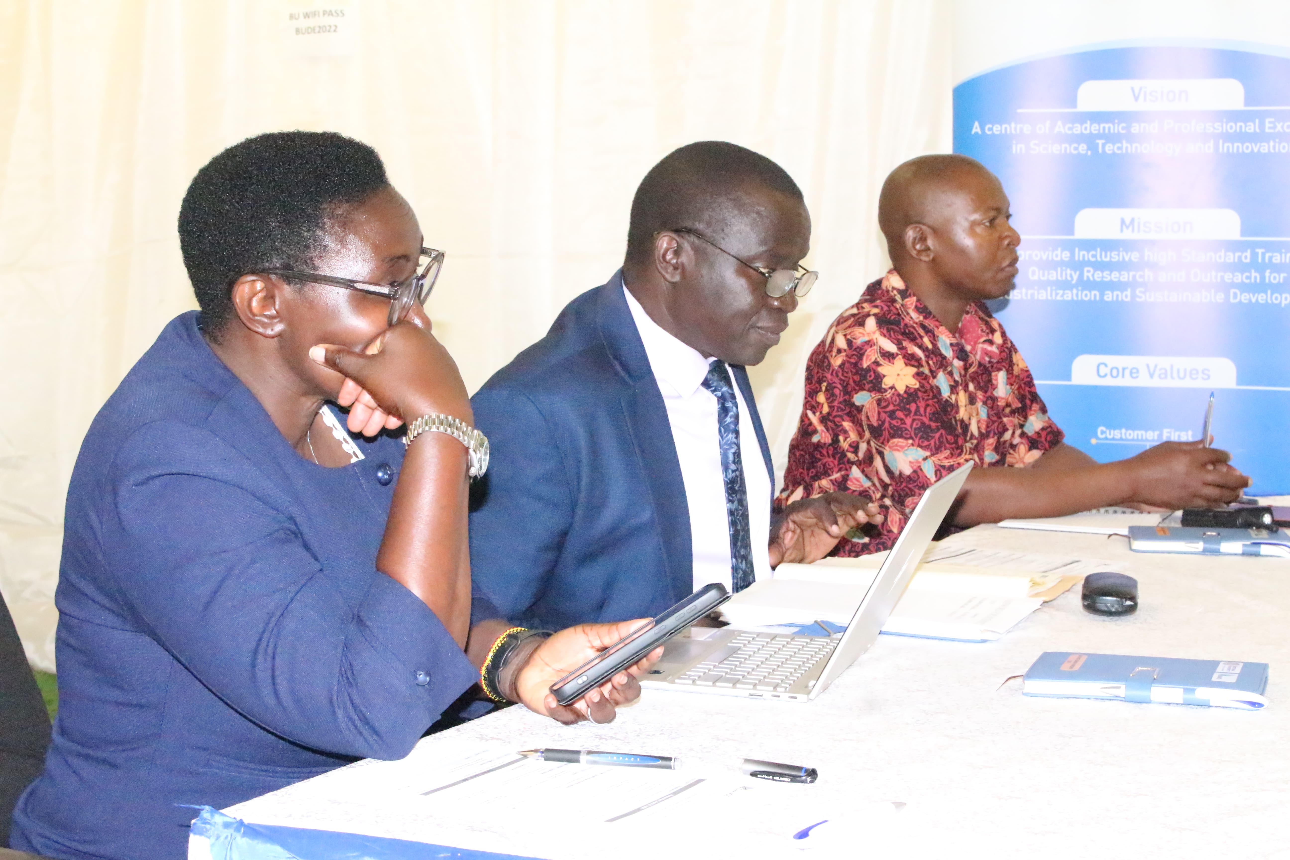 L–R: DVC–AA Prof. Saphina Biira, Vice Chancellor Prof. Paul Waako, and Dean of the Faculty of Management Sciences Prof. Musenze Ibrahim during the seminar